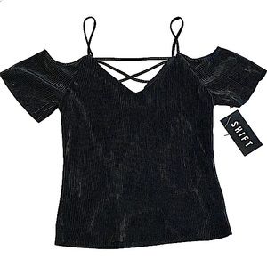 SHIFT Black Shiny Textured Stripe Crisscross Cut Out Cold Shoulder Top Casual S